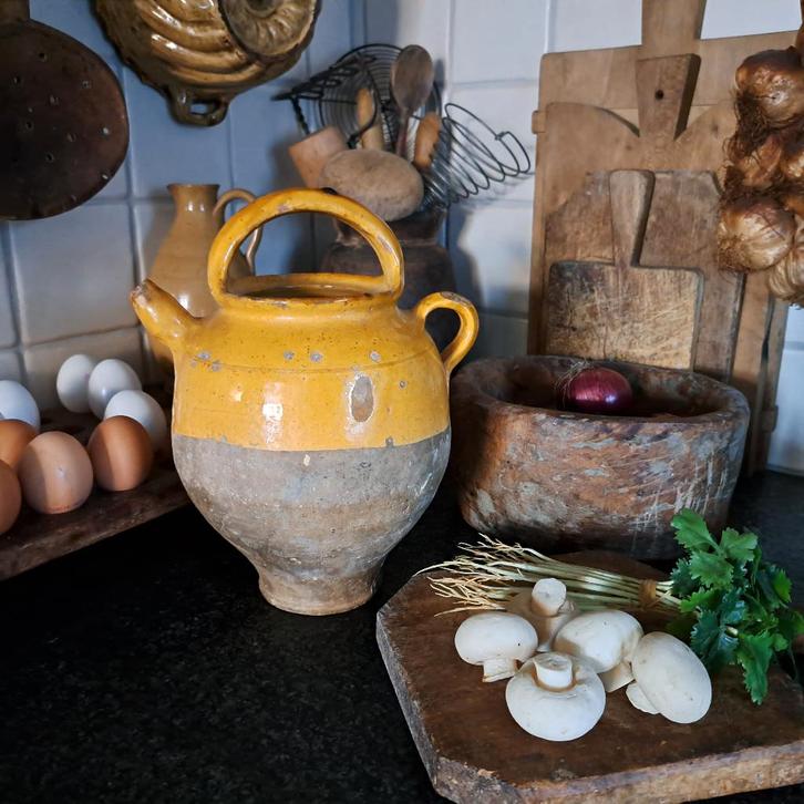 Mooie oude brocante Franse confitpot kruik pot oker *Etage3*, Huis en Inrichting, Woonaccessoires | Overige, Gebruikt, Ophalen of Verzenden