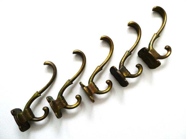 5 Messing antieke kapstokhaken met hoedenhaak jashaak, Antiek en Kunst, Antiek | Koper en Brons, Ophalen of Verzenden