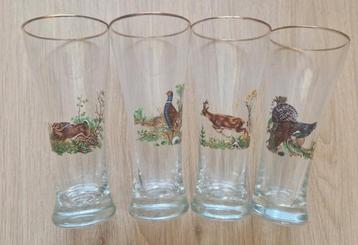 4 Bierglazen met dieren opdruk Haas,Fazant,Hert en Kalkoen beschikbaar voor biedingen