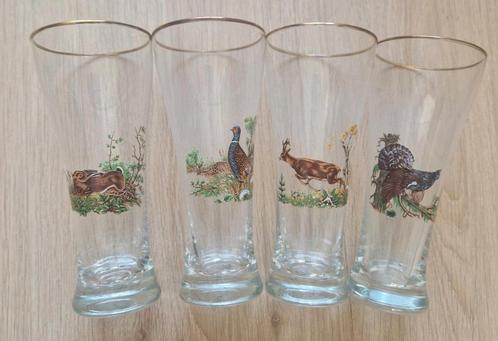 4 Bierglazen met dieren opdruk Haas,Fazant,Hert en Kalkoen, Huis en Inrichting, Keuken | Servies, Nieuw, Glas of Glazen, Overige stijlen