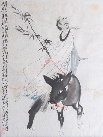 Chinese School inkt tekening kunstwerk Dichter Op Paard 1998 beschikbaar voor biedingen