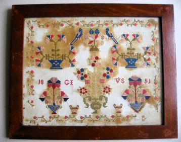 Antieke merklap volkskunst uit 1851, ingelijst beschikbaar voor biedingen