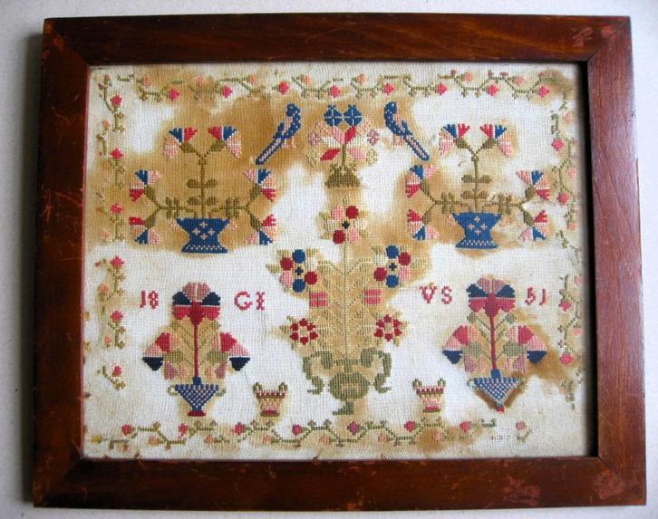 Antieke merklap volkskunst uit 1851, ingelijst, Antiek en Kunst, Antiek | Kleden en Textiel, Ophalen of Verzenden