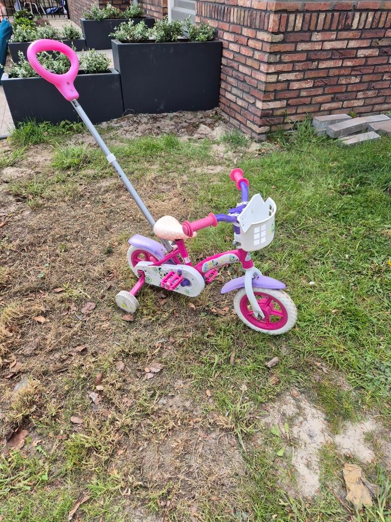 Kinderfietsje met duwstang en zijwieltjes - Roze/Paars, Terugtraprem, Zijwieltjes, Gebruikt, Onbekend