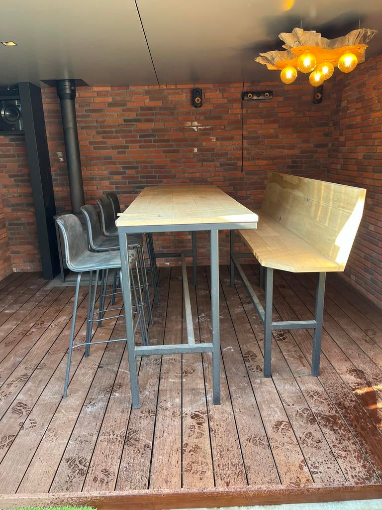 Barset - bartafel - tuinset met stalen frame en bankje, Ophalen, Gebruikt, 5071sc, Zelfgemaakt