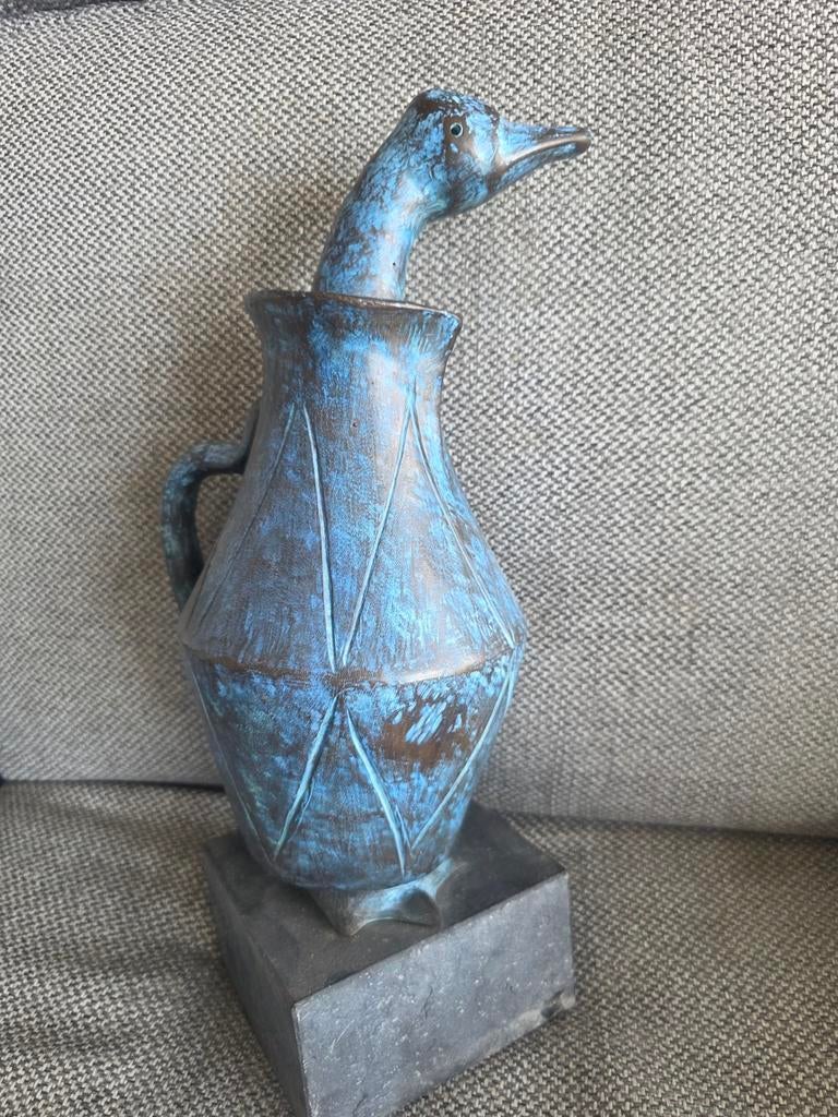 Bronzen eend in vaas op marmeren voet - 37x17 cm, Antiek en Kunst, Ophalen of Verzenden