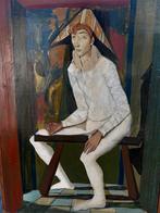 Olieverfschilderij: Zittende figuur in wit kostuum, Antiek en Kunst, Kunst | Schilderijen | Modern, Ophalen of Verzenden