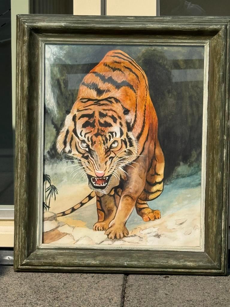 Schilderij tijger in lijst, Antiek en Kunst, Kunst | Schilderijen | Klassiek, Ophalen