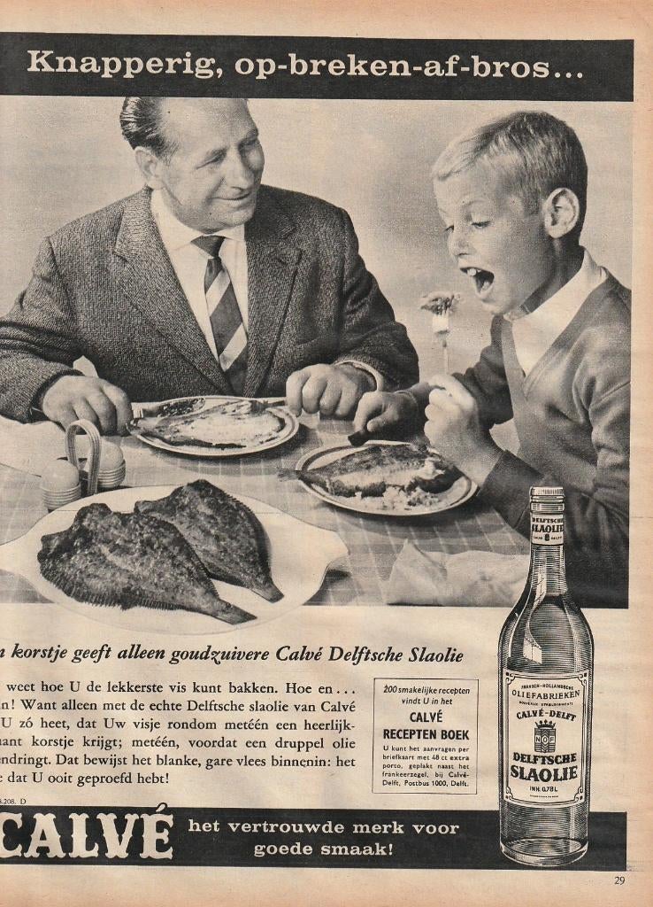 Retro reclame 1959 Calvé slaolie jongetje eet vis, Verzenden, Overige typen