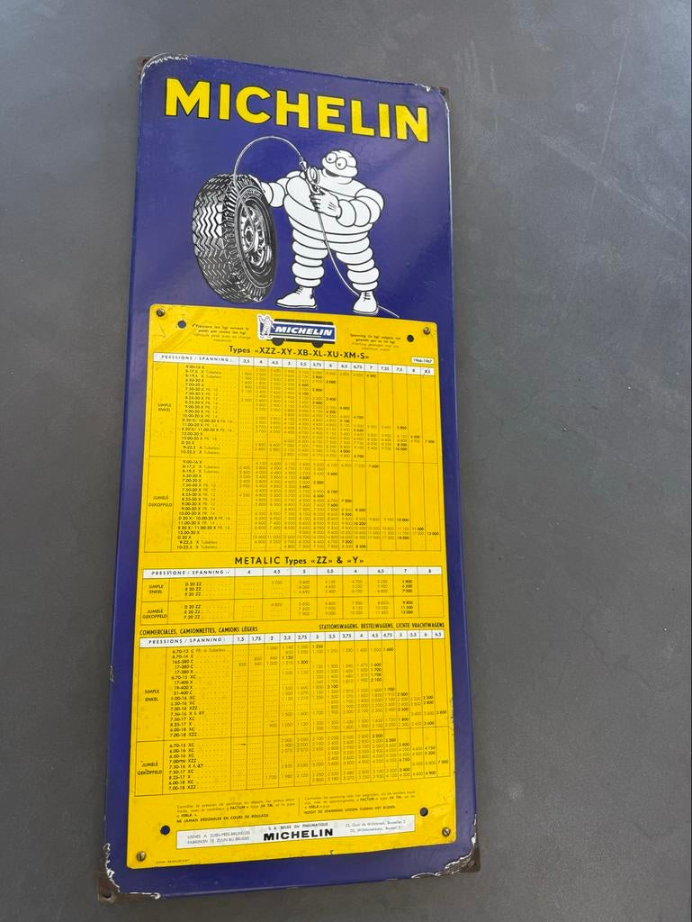Oud emaille reclamebord Michelin banden tabel, Ophalen of Verzenden, Gebruikt, Reclamebord