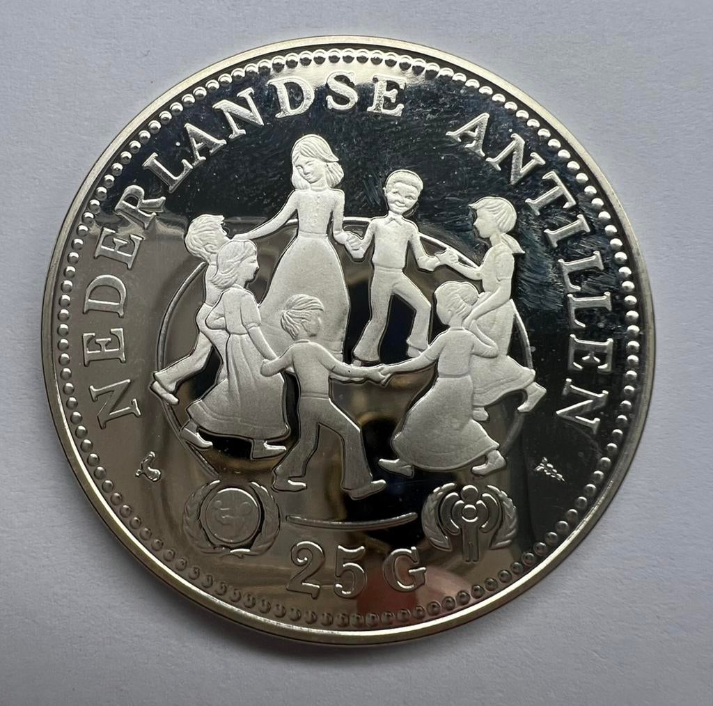 Nederlandse Antillen 25 Gulden 1979 (U) Proof Unicef, Koningin Juliana, Zilver, Losse munt, Overige waardes