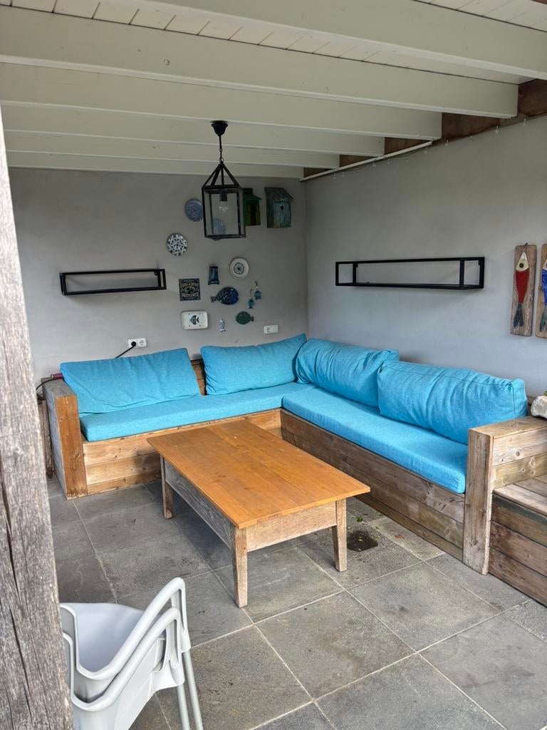 Houten hoekbank 254x300 cm incl kussens, Tuin en Terras, Tuinsets en Loungesets, Ophalen, Gebruikt, 6 zitplaatsen, Hocker