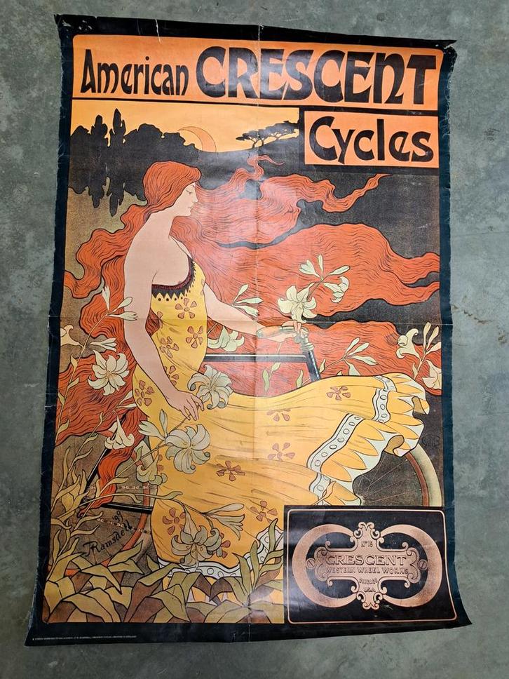 Oude American Crescent Cycles Ramsdell Fiets Poster, Verzamelen, Posters, Gebruikt, Reclame, A1 t/m A3, Rechthoekig Staand, Ophalen of Verzenden