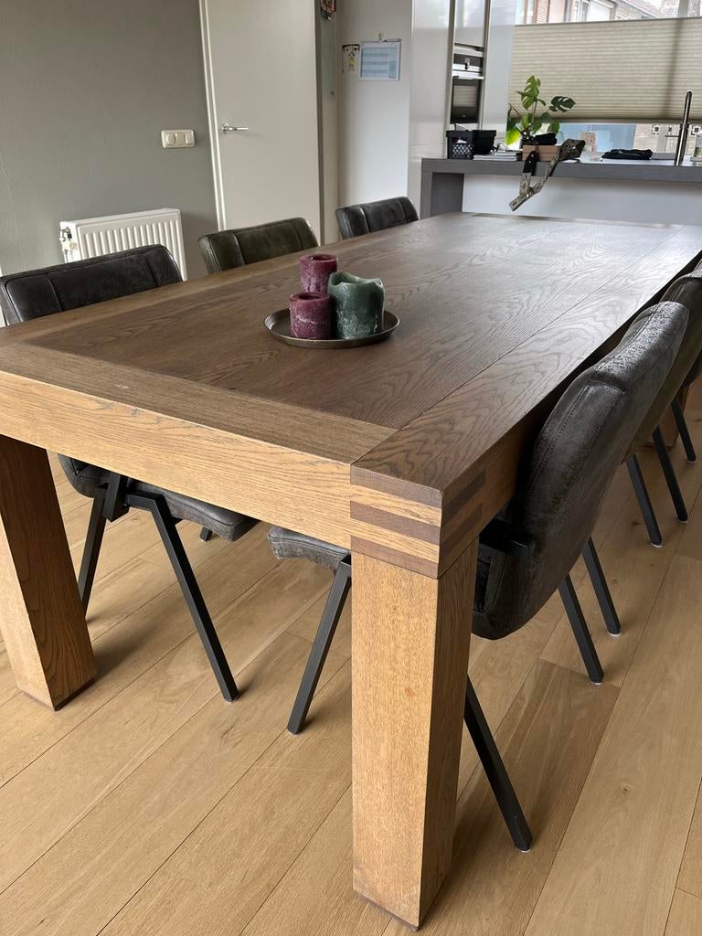 Eetkamertafel met 6 stoelen (2 olijfgroen, 4 antraciet), Huis en Inrichting, Tafels | Eettafels, Ophalen, Gebruikt, 100 tot 150 cm