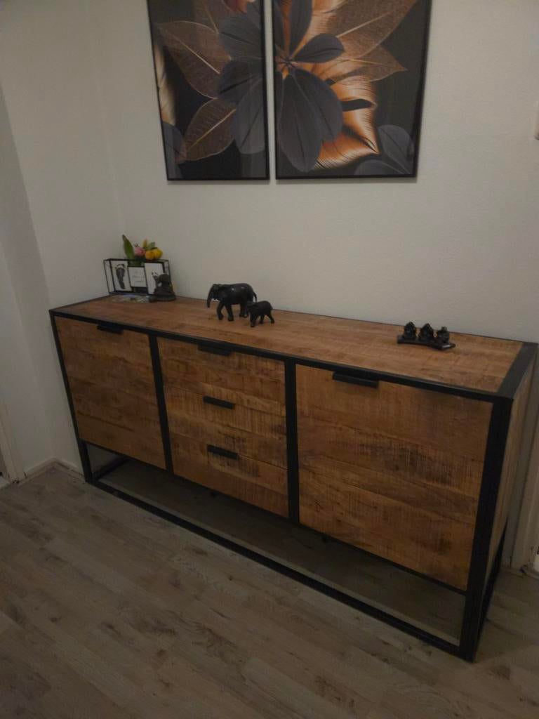 Industriële Dressoir mangohout Kast met 2 Deuren en 3 Lades, 150 tot 200 cm, Industrieel, Modern, Zo goed als nieuw, 25 tot 50 cm