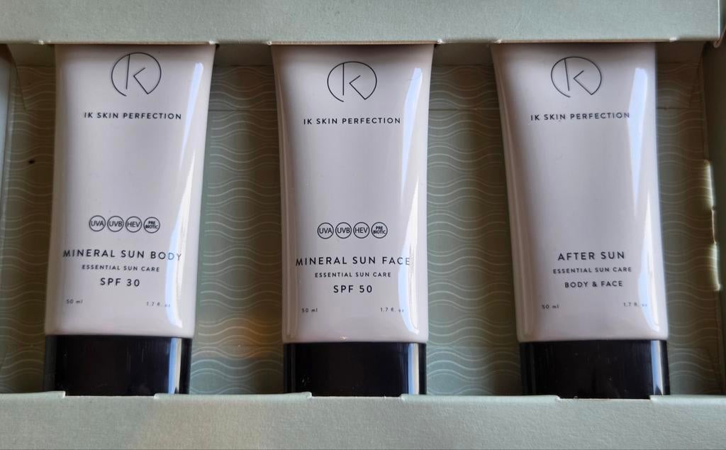 2x set IK Skin Perfection: SPF30, SPF50 & Aftersun, Ophalen of Verzenden, Nieuw, Gehele gezicht, Verzorging