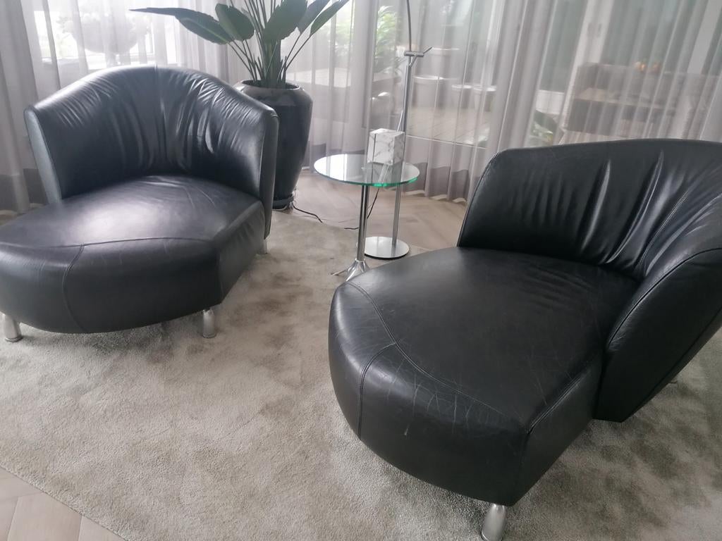 Leolux Pupilla fauteuils - Zwart leer, set van 2, Ophalen, Gebruikt, Eenpersoons, Minder dan 150 cm