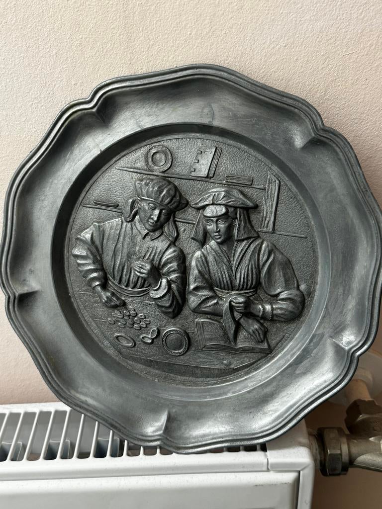 Tinnen wandbord met afbeelding, Antiek en Kunst, Antiek | Tin, Ophalen of Verzenden