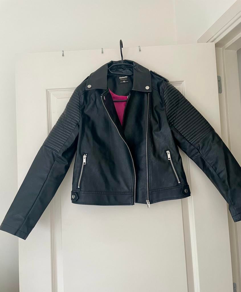 Defacto zwarte faux leer leren bikerjack biker jack jas, Ophalen, Gedragen, Maat 34 (XS) of kleiner, Zwart