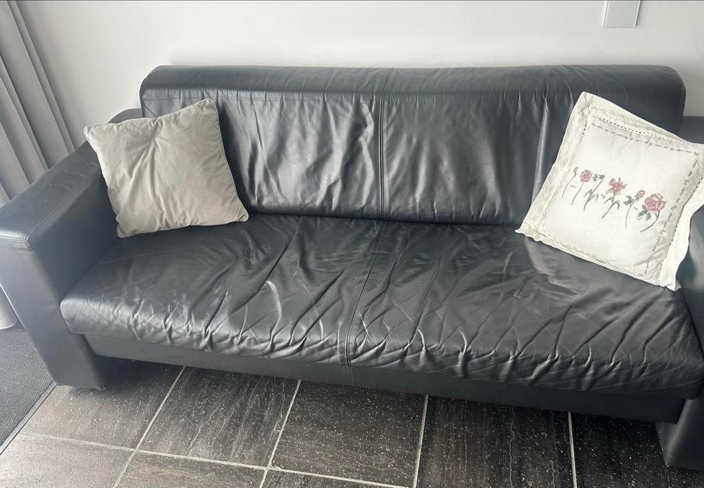 Gratis ophalen: Zwarte echt leren 3-zits bank, Ophalen, Gebruikt, 150 tot 200 cm, Driepersoons