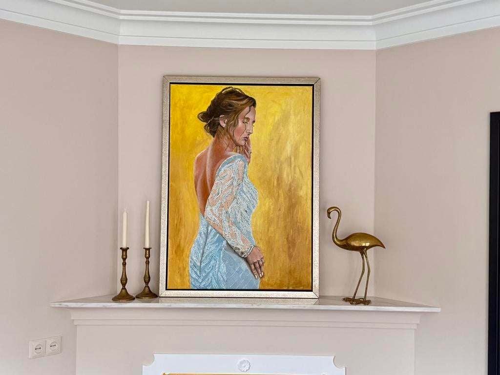 Portret, dame, Goud geel en baby blauw, 100X70cm, Antiek en Kunst, Ophalen