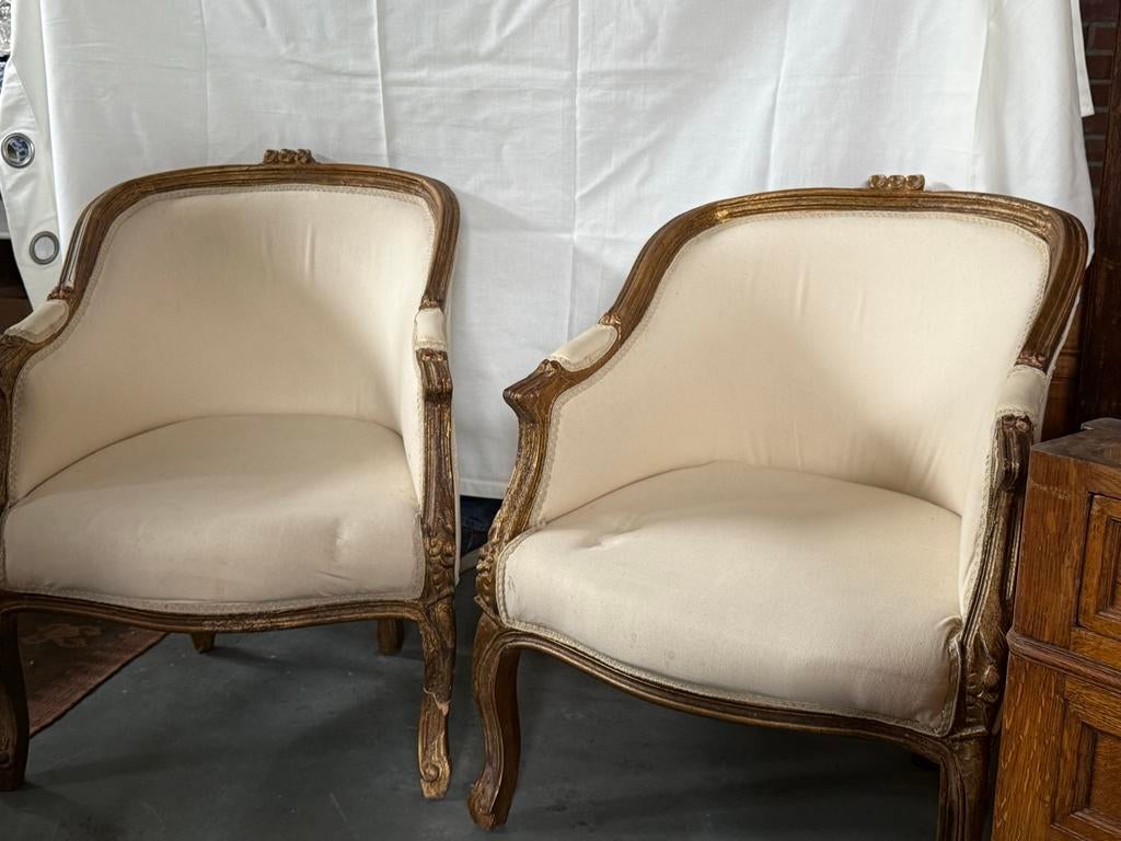 Franse fauteuils met crème linnen stof en gouden patina, Huis en Inrichting, Fauteuils, Ophalen, Gebruikt, Minder dan 75 cm, Stof