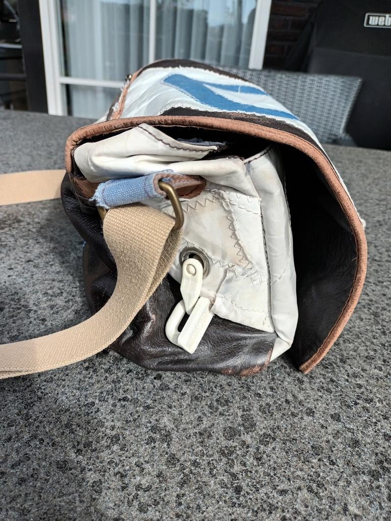 Unieke Boeji tas van leer en zeildoek, Overige merken, Gebruikt, Bruin, Ophalen of Verzenden
