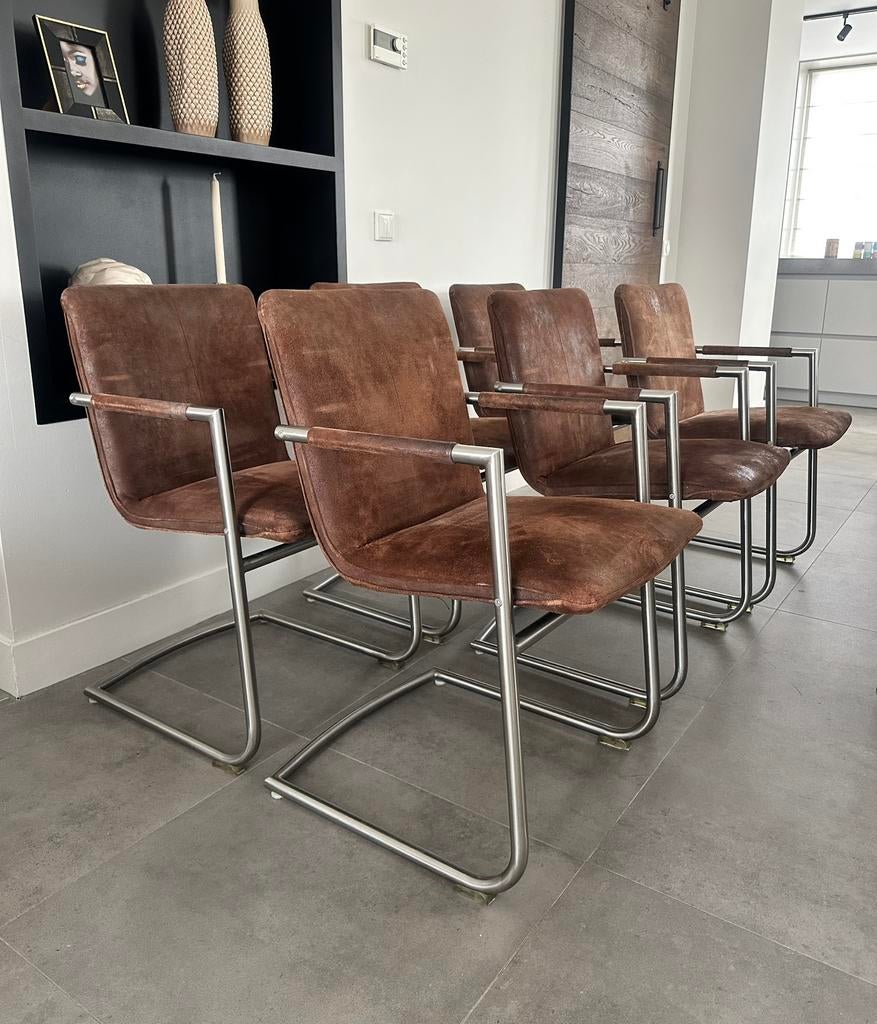 Zes bruin nubuck lederen Henders & Hazel design stoelen, Huis en Inrichting, Stoelen, Ophalen, Nubuck, Bruin, Niet opgegeven