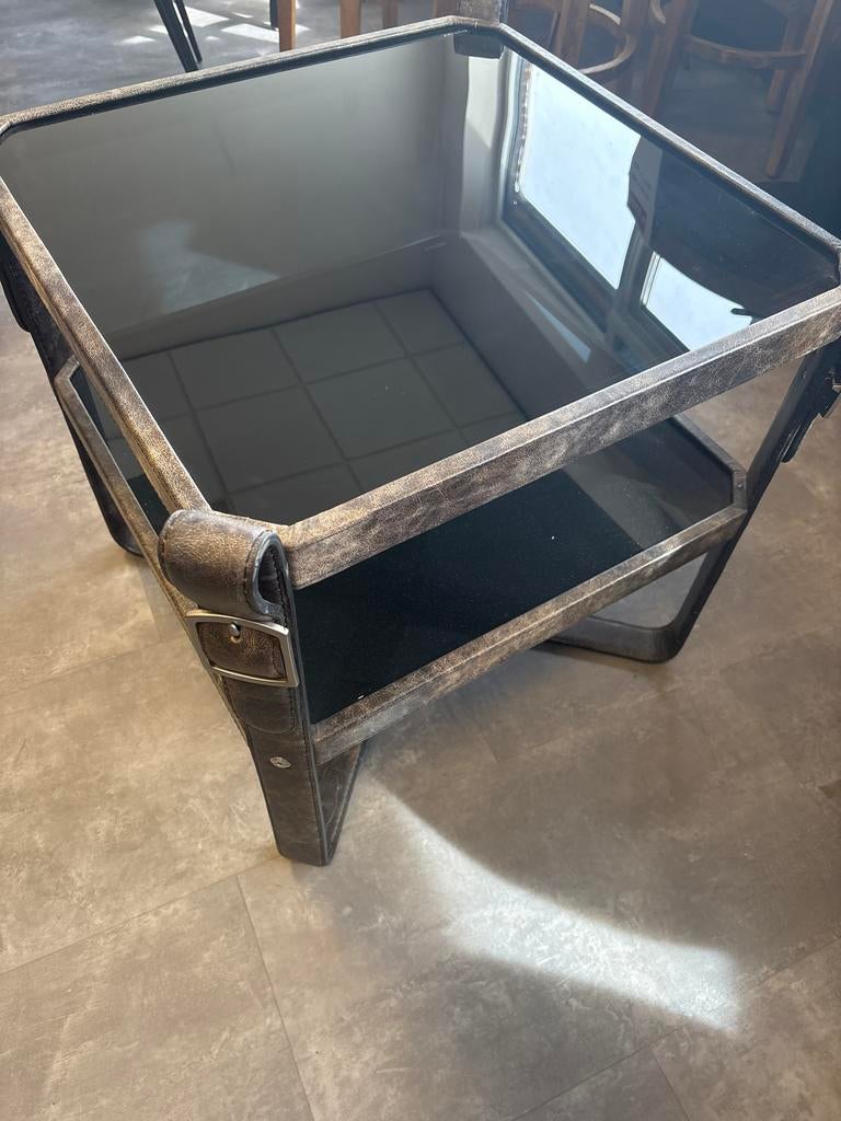 Salontafel buffel leer met glazen platen, Ophalen, Gebruikt, 100 tot 150 cm, Vierkant