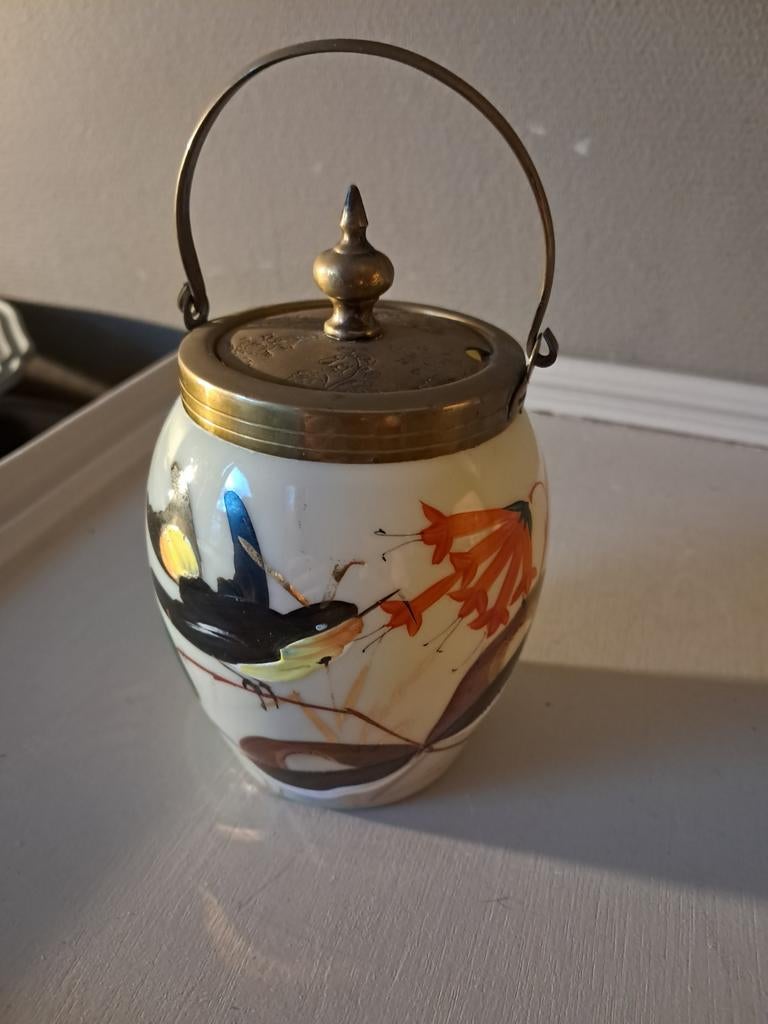 Antieke uranium opaline mosterdpot met messing deksel, Ophalen of Verzenden