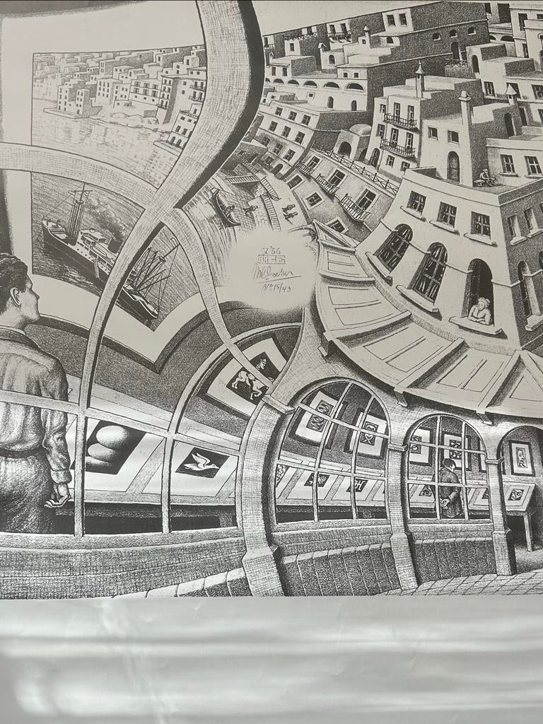 M.C. Escher prent, genummerd en gesigneerd, Stadsgezicht, Ophalen of Verzenden, 1950 - 1999, Genummerd