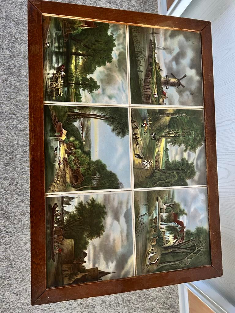 Vintage bijzettafel met landschap afbeeldingen, Minder dan 45 cm, Minder dan 55 cm, Gebruikt, Ophalen of Verzenden