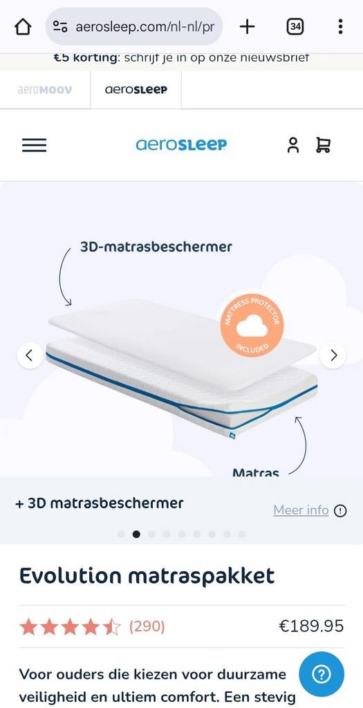 Aerosleep ledikant matras 120x60 met topper, Ophalen, Zo goed als nieuw, Minder dan 140 cm, Matras