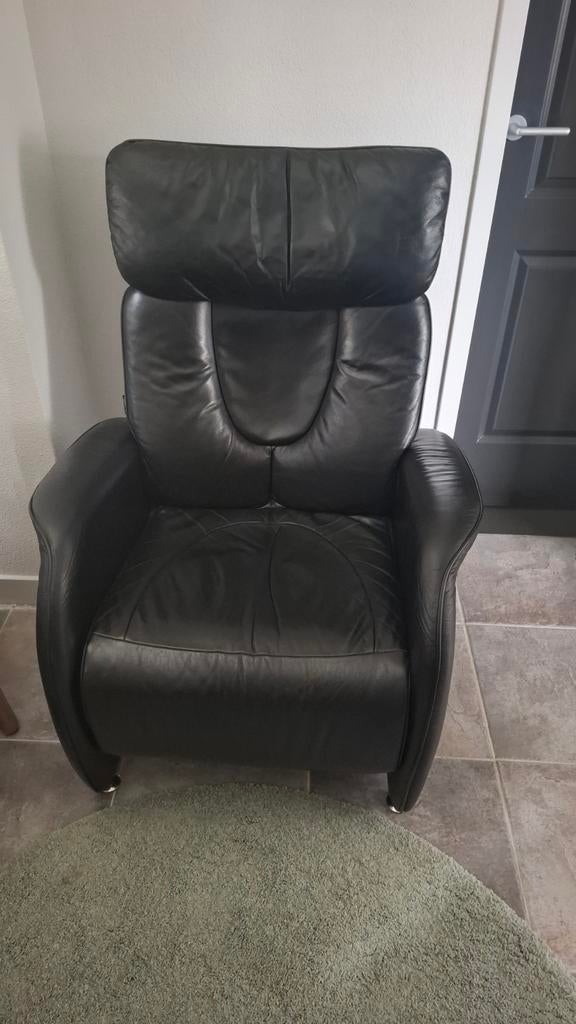Skalma Zwart Lederen Verstelbare Leunstoel/Ligstoel, Huis en Inrichting, Fauteuils, Gebruikt, Leer, Metaal, 75 tot 100 cm, 100 tot 125 cm