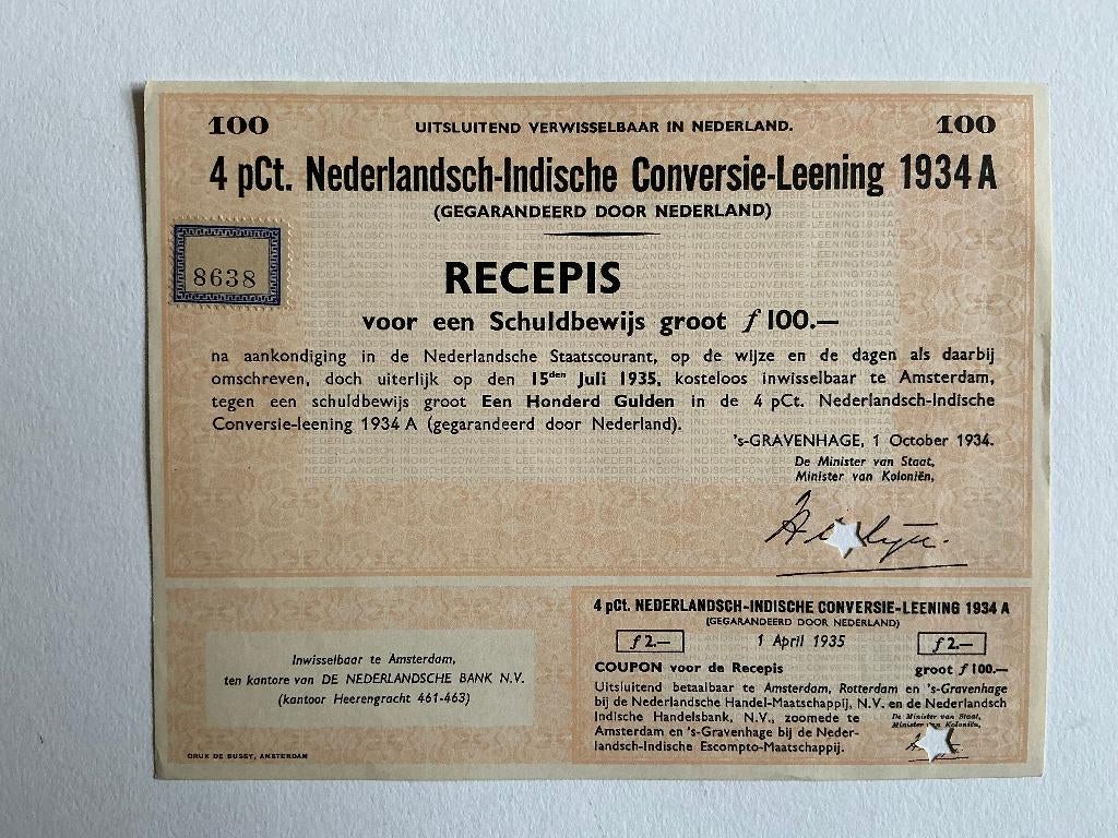4% Nederlands-Indië 1934A, Recepis 100 Gulden, Specimen, Postzegels en Munten, Aandelen en Waardepapieren, Ophalen of Verzenden