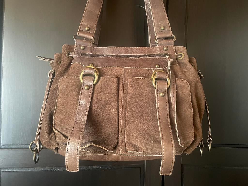 BURKELY stoere bruine leer met suede tas, Ophalen of Verzenden, Zo goed als nieuw, Bruin, Handtas