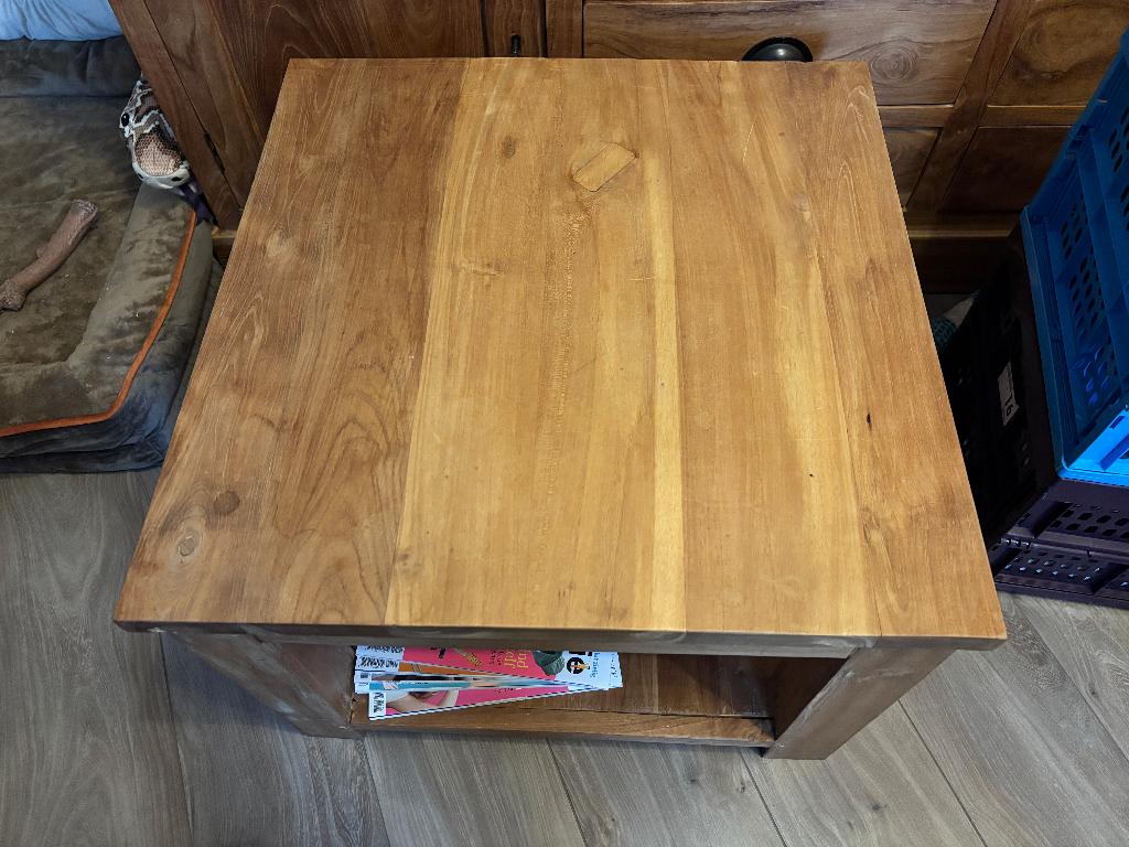 teakhout salontafel 60-60-45, Ophalen, Gebruikt, 50 tot 100 cm, Teakhout