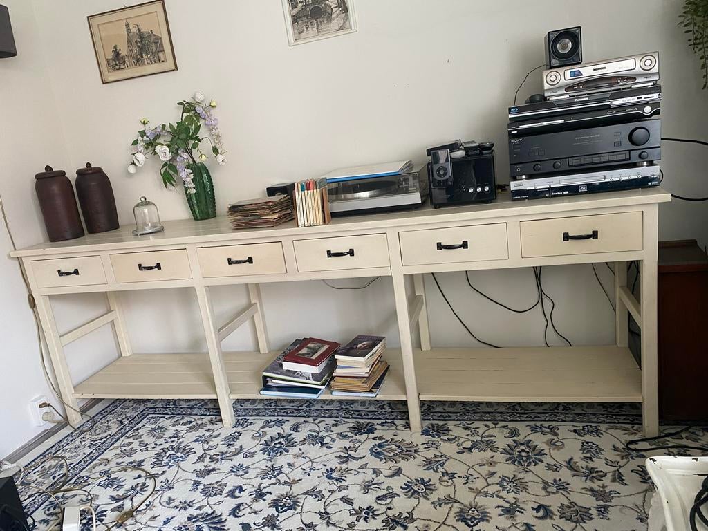 Lange console tafel met lades en opbergruimte, Huis en Inrichting, Ophalen, Minder dan 50 cm, Gebruikt, 200 cm of meer