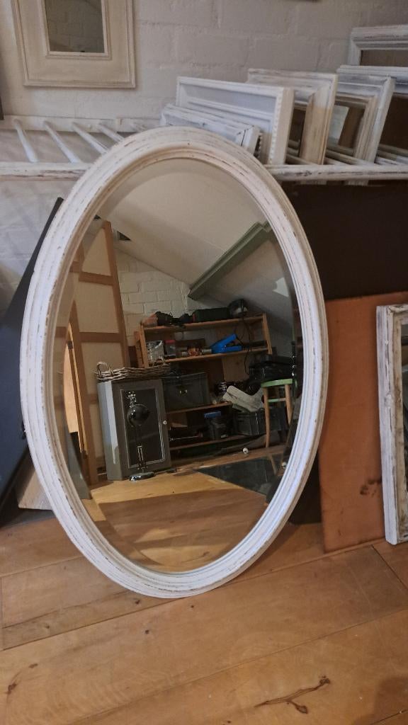 873 Ovalen houten spiegel. 60 x 90 cm Facet geslepen., Huis en Inrichting, Woonaccessoires | Spiegels, Ophalen of Verzenden, Gebruikt