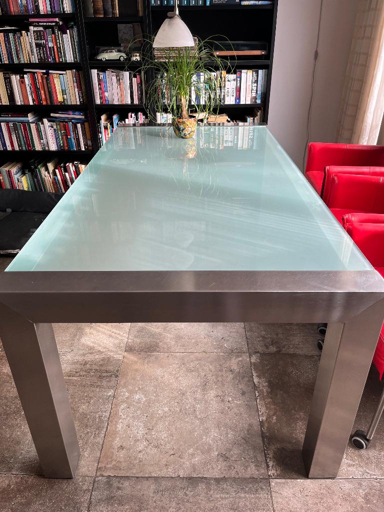 Eettafel glazen blad RVS onderstel 200 x 100 cm., Huis en Inrichting, Tafels | Eettafels, Ophalen, Gebruikt, 200 cm of meer, 50 tot 100 cm