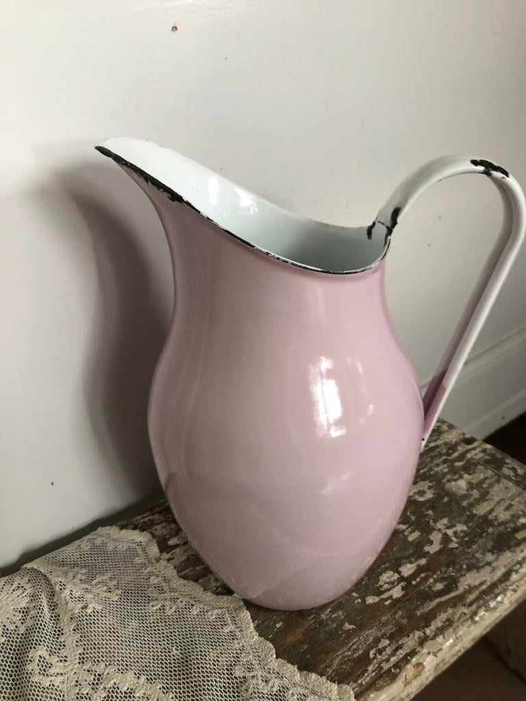 Brocante roze emaille kan, Ophalen of Verzenden