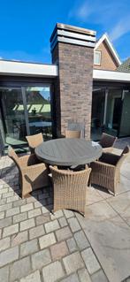 Ronde massief teakhouten tuintafel 150cm met 6 stoelen, Ophalen, 6 zitplaatsen, Teakhout, Zo goed als nieuw