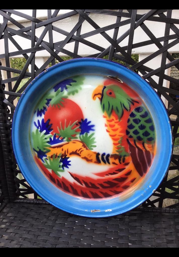 Een kleurrijk geëmailleerd bord vogel, roofvogel van emaille, Ophalen of Verzenden