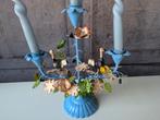Brocante Rice blauwe metalen kandelaar met bloemen en vogels, Ophalen of Verzenden