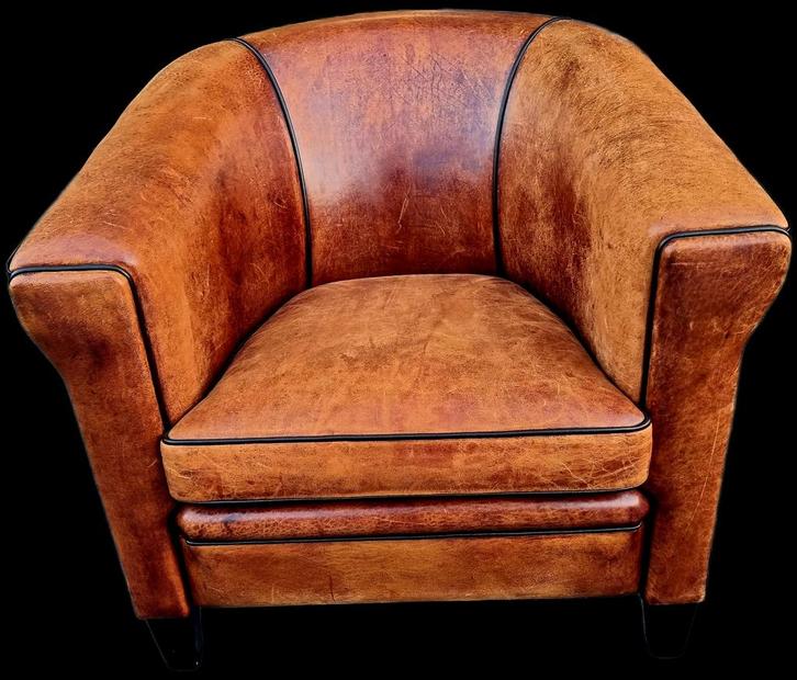 SCHAPENLEREN CLUB FAUTEUIL STRAK MODEL + BEZORGING, Huis en Inrichting, Fauteuils, Gebruikt, Leer, 75 tot 100 cm, 75 tot 100 cm