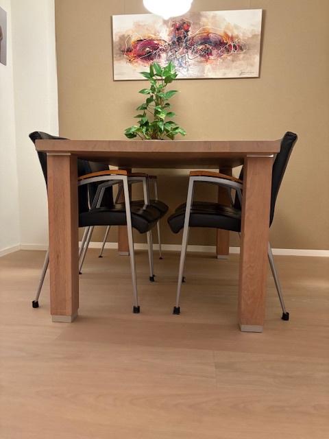 Set eettafel + salontafel (Gaasbeek & Van Tiel) en 4 stoelen, Ophalen, Gebruikt, Eikenhout, 50 tot 100 cm