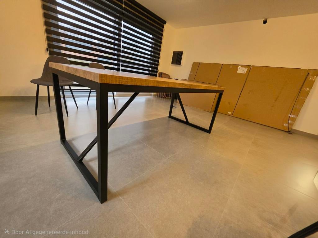 Moderne houten tafel met stalen poten, Huis en Inrichting, Tafels | Eettafels, Ophalen, 50 tot 100 cm, Zo goed als nieuw, 150 tot 200 cm
