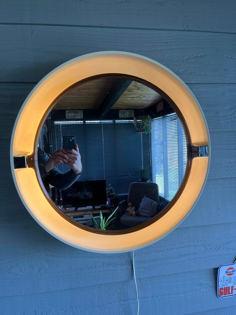 Vintage Space Age Allibert A41 spiegel, Huis en Inrichting, Woonaccessoires | Spiegels, Gebruikt, Rond, Ophalen of Verzenden, Minder dan 100 cm