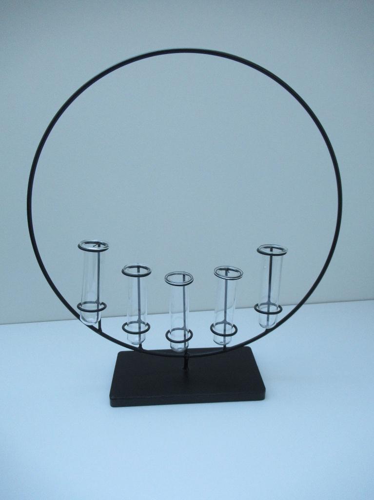 Grote zwarte cirkel met 5 reageerbuis vaasjes, Verzenden, Zwart, Minder dan 50 cm, Glas