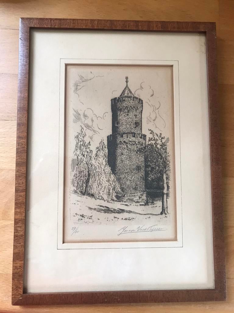 Kronenburger toren Nijmegen Jan van Vucht Tijssen 1884-1970, Antiek en Kunst, Kunst | Etsen en Gravures, Ingelijst, Ets, Architectuur